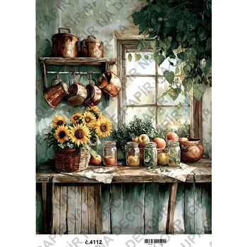 Umělecký papír Rýžový a soft papír na decoupage - Kuchyně okno slunečnice - KB04112 Materiál: Soft, Rozměr: A4