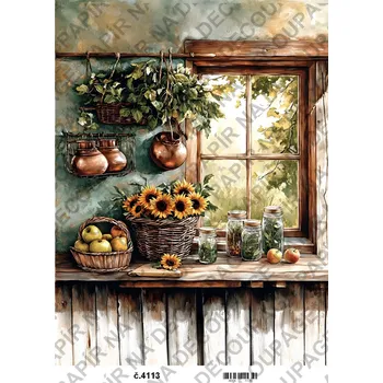 Umělecký papír Rýžový a soft papír na decoupage - Kuchyně okno slunečnice - KB04113 Materiál: Rýžový papír, Rozměr: A4