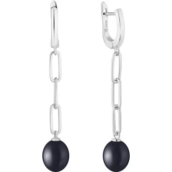 Náušnice ANNA PERLY Módní stříbrné dlouhé visací náušnice s atraktivním řetízkem s oky zakončené pravou černou perlou