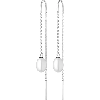 Náušnice ANNA PERLY Moderní visací stříbrné řetízkové provlékací náušnice s pravou bílou perlou bílá
