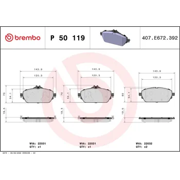 Brzdová destička Sada brzdových destiček, kotoučová brzda BREMBO P 50 119