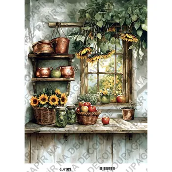 Umělecký papír Rýžový a soft papír na decoupage - Kuchyně okno slunečnice - KB04109 Materiál: Soft, Rozměr: A4