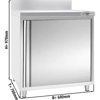 Kuchyňská skříňka G.Gastro Pracovní skříňka PREMIUM z nerezové oceli - 0,6 m - s křídlovými dveřmi a obkladovým panelem