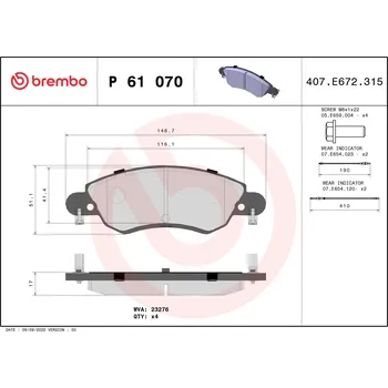 Brzdová destička Sada brzdových destiček, kotoučová brzda BREMBO P 61 070