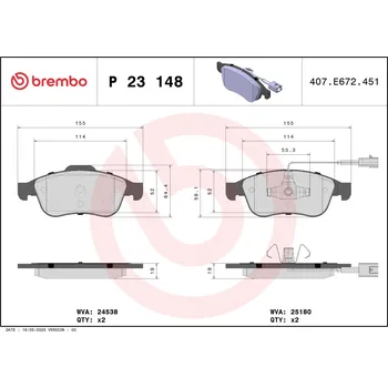 Brzdová destička Sada brzdových destiček, kotoučová brzda BREMBO P 23 148X