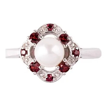 Prsten granát - stříbrný prsten - perla (3176) Velikost: 60, povrchová úprava: zlacené