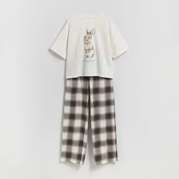 Dámské tričko Reserved - Dvoudílná pyžamová souprava s potiskem - hnědá - 071EY-88X - 071EY-88X-XL