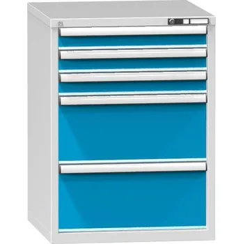Zásuvková dílenská skříňka, v x š x h: 990 x 731 x 780 mm, 5 x zásuvka, barva šedá RAL7035/modrá RAL5012