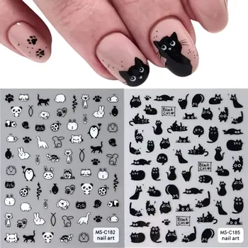 Umělé nehty 2 ks 3D samolepky na nehty černá kočka Roztomilé kreslené zvíře Samolepicí obtisky Nail Art posuvníky Dekorace pro manikúru MS-C182 MS-C185