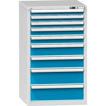 Zásuvková dílenská skříňka, 9 x zásuvka, v x š x h: 1215 x 731 x 780 mm, barva šedá RAL7035/modrá RAL5012