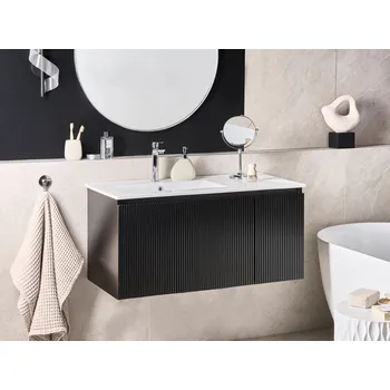 Koupelnový nábytek Koupelnová závěsná skříňka černá dřevotříska keramické umyvadlo úložný prostor 100 cm moderní design Beliani