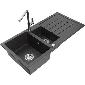 MEXEN/S - Andres granitový dřez s odkapávačem včetně baterie Flora, černá nakrapiany 6515-76-670401-00