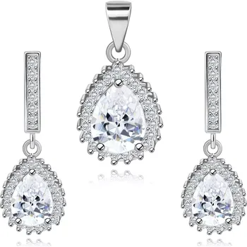 Souprava šperků Stříbrný 925 set, náušnice a přívěsek, zirkonová kapka, blyštivý lem