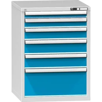 Zásuvková dílenská skříňka, v x š x h: 990 x 731 x 780 mm, 6 x zásuvka, barva šedá RAL7035/modrá RAL5012