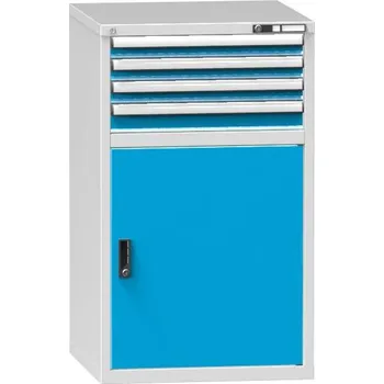 Zásuvková dílenská skříňka, v x š x h: 1215 x 731 x 780 mm, 4 x zásuvka, 1 x skříňka, barva šedá RAL7035/modrá RAL5012