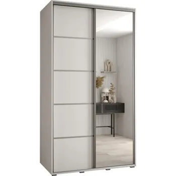 Šatní skříň Šatní skříň s posuvnými dveřmi a zrcadlem DAVOS 5, 140cm | Bílá / stříbrné pojezdy