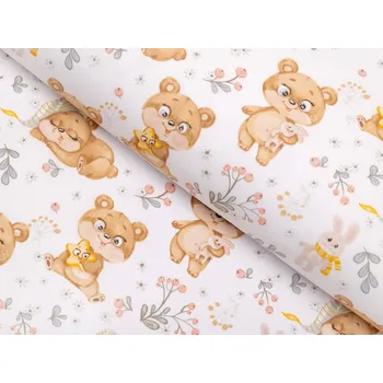 Dětská bavlněná látka/plátno Sandra SA-524 Roztomilí medvídci na bílém - šířka 160 cm