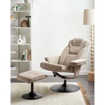 Křeslo Polohovací otočné křeslo taupe látkové čalounění s podnožkou kovový rám retro design Beliani