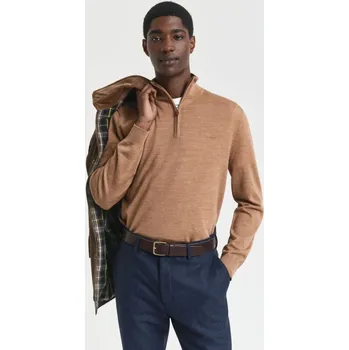 Pánský svetr SVETR GANT EXTRAFINE MERINO WOOL HALF ZIP DK. SAND MELANGE