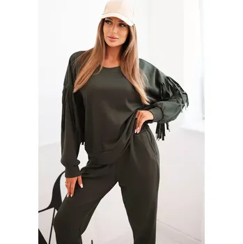 Kesi Włoski Dámský komplet máslový s třásněmi na rukávech khaki Kesi Włoski bílá | kaki 3402705