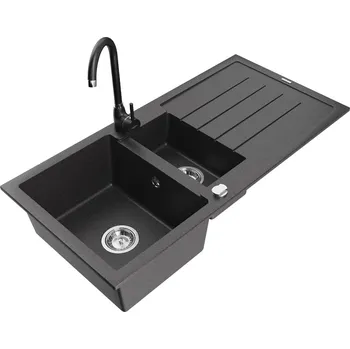 Granitový dřez MEXEN/S - Andres granitový dřez s odkapávačem včetně baterie Telma, černá nakrapiany 6515-76-670200-70