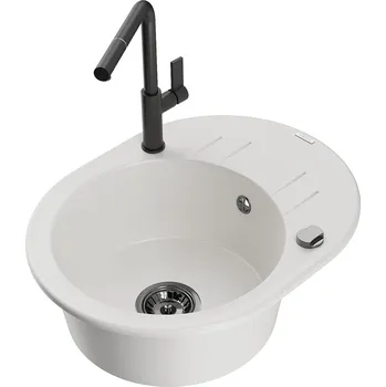 MEXEN/S - Kevin granitový dřez 1-miska s odkapávačem včetně baterie Flora, bílá 6517-20-670401-70-B