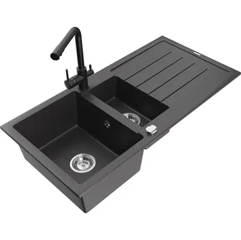 Granitový dřez MEXEN/S - Andres granitový dřez s odkapávačem včetně baterie Duero, černá nakrapiany 6515-76-671600-70