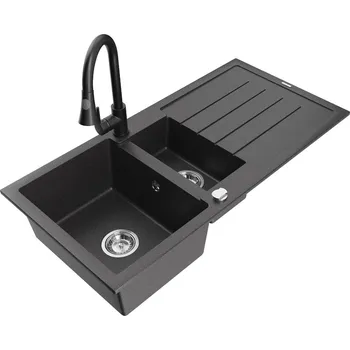 Granitový dřez MEXEN/S - Andres granitový dřez s odkapávačem včetně baterie Elia, černá nakrapiany 6515-76-670101-70