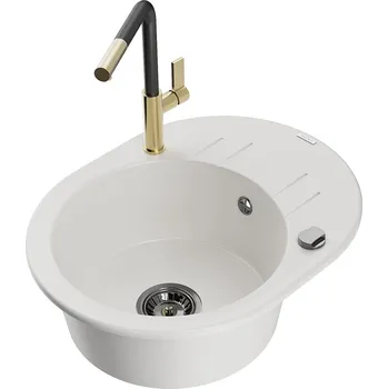 Kuchyňský dřez MEXEN/S - Kevin granitový dřez 1-miska s odkapávačem včetně baterie Flora, bílá 6517-20-670401-57-B