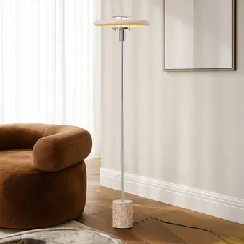 Lampička Lindby stojací lampa Branford, retro, béžová, kov/travertin 1 x 15 W LED - Doprava zdarma