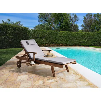 Zahradní lehátko Zahradní lehátko akáciové dřevo šedý melanž polštář nastavitelné opěradlo zabudovaná kolečka venkovský rustikální styl zahrada Beliani