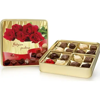 Bonboniéra Selllot, s.r.o., K Hájům 34, 155 00 Praha 5 - Vyrobeno v Belgii Růže - plněné belgické pralinky v plechové dóze 200g