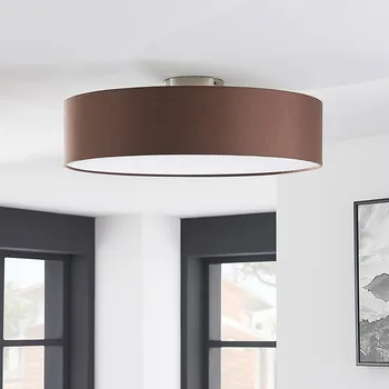 Stropní světlo Lindby Sebatin, Ø 50 cm, světle hnědá, tkanina, E27 - Výška stínidla na lampu 12 cm, Ø stropního držáku 12 cm hnědá, bílá, matný nikl 3 x 15 W LED - Doprava zdarma