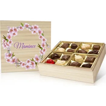 Bonboniéra Selllot, s.r.o., K Hájům 34, 155 00 Praha 5 - Vyrobeno v Belgii Mamince - Výběr pralinek v dřevěné dóze 400 g