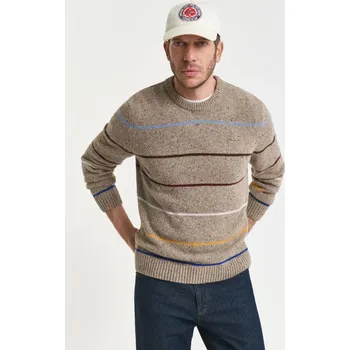 Pánský svetr SVETR GANT STRIPED WOOL BLEND NEPS C-NECK DK. SAND MELANGE