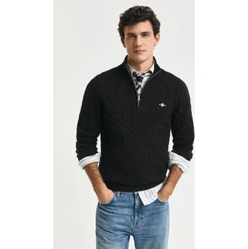 Pánské oblečení SVETR GANT COTTON CABLE HALF ZIP BLACK