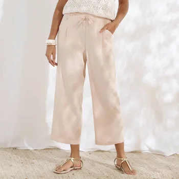 Dámské kalhoty 7/8 kalhoty ze směsi viskózy a lnu růžová pudrová 52