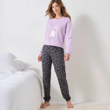 Dámské pyžamo Pyžamo s volánky a potiskem kočky lila/šedá 52