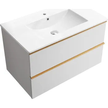 Koupelnový nábytek CERANO - Koupelnová skříňka pod umyvadlo s úchytkou Velora + keramické umyvadlo Todo - bílá matná, zlatá úchytka - 70x49,8x46 cm