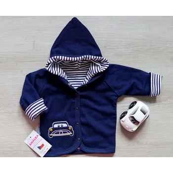 Kojenecká bunda AMÁLKA Bavlněný, dvojitý kabátek tmavě modrý, autíčko Velikost: 80-86