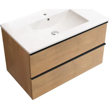 Koupelnový nábytek CERANO - Koupelnová skříňka pod umyvadlo s úchytkou Velora + keramické umyvadlo Todo - dub medový, černá úchytka - 70x49,8x46 cm