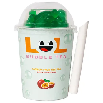 Limonáda LOL Bubble Tea čaj s příchutí mučenky s kuličkami s příchutí zeleného jablka 275 ml