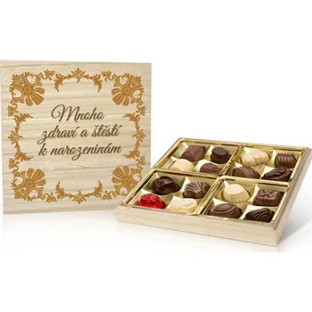 Bonboniéra Selllot, s.r.o., K Hájům 34, 155 00 Praha 5 - Vyrobeno v Belgii Secese – výběr belgických pralinek 200 g (s vlastním textem) Personifikace: Mnoho zdraví a štěstí k narozeninám