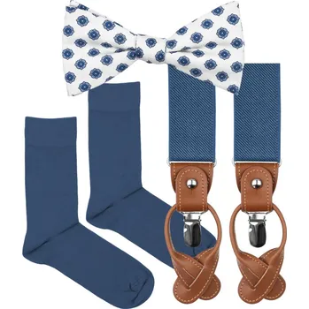 Kravata Bubibubi Modrá hedvábná sada Vela s motýlkem a kšandami velikost ponožek 39-42