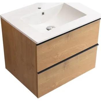 Koupelnový nábytek CERANO - Koupelnová skříňka pod umyvadlo s úchytkou Velora + keramické umyvadlo Todo - dub medový, černá úchytka - 60x49,8x46 cm