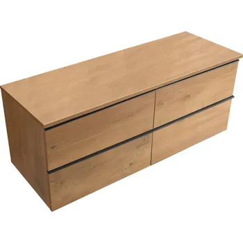 Koupelnový nábytek CERANO - Koupelnová skříňka pod umyvadlo s úchytkou/deskou pod umyvadlo Velora - 18 mm - dub medový, černá úchytka - 140x49,8x45,2 cm