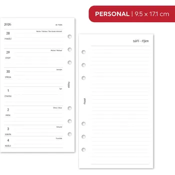 Diář Fleppi Náplň do diáře - Kalendář 2026, T1S linkovaný + linkované poznámky vpravo (207) Vyberte velikost náplně: Personal