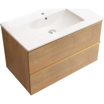 Koupelnový nábytek CERANO - Koupelnová skříňka pod umyvadlo s úchytkou Velora + keramické umyvadlo Todo - dub medový, zlatá úchytka - 70x49,8x46 cm