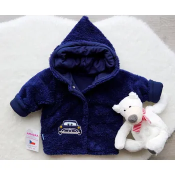 Kojenecká bunda AMÁLKA Chlupatý zateplený kabátek autíčko, tmavě modrý Velikost: 74-80