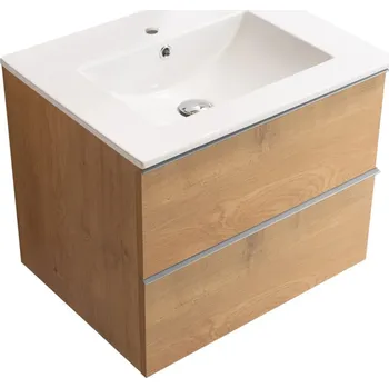 Koupelnový nábytek CERANO - Koupelnová skříňka pod umyvadlo s úchytkou Velora + keramické umyvadlo Todo - dub medový, chromová úchytka - 60x49,8x46 cm